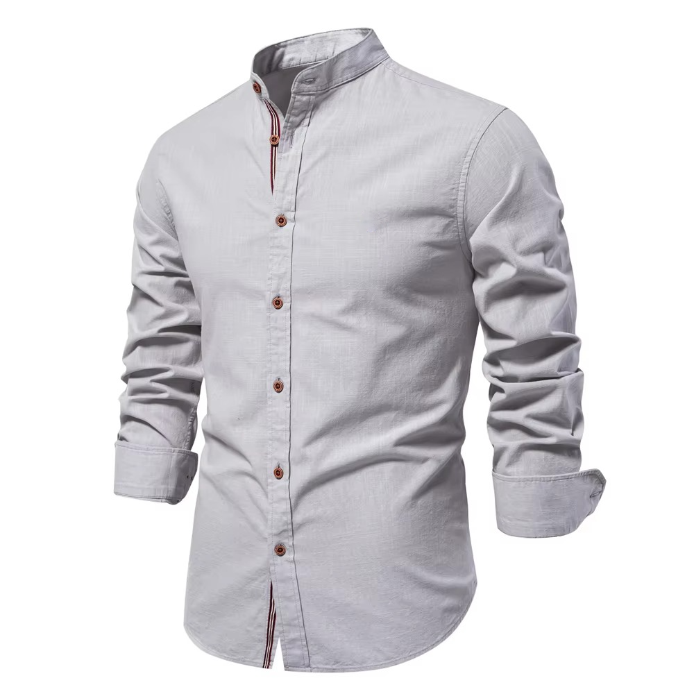 Men's slim fit mandarin collar button-down shirt, breathable cotton-linen blend, modern tailored cut