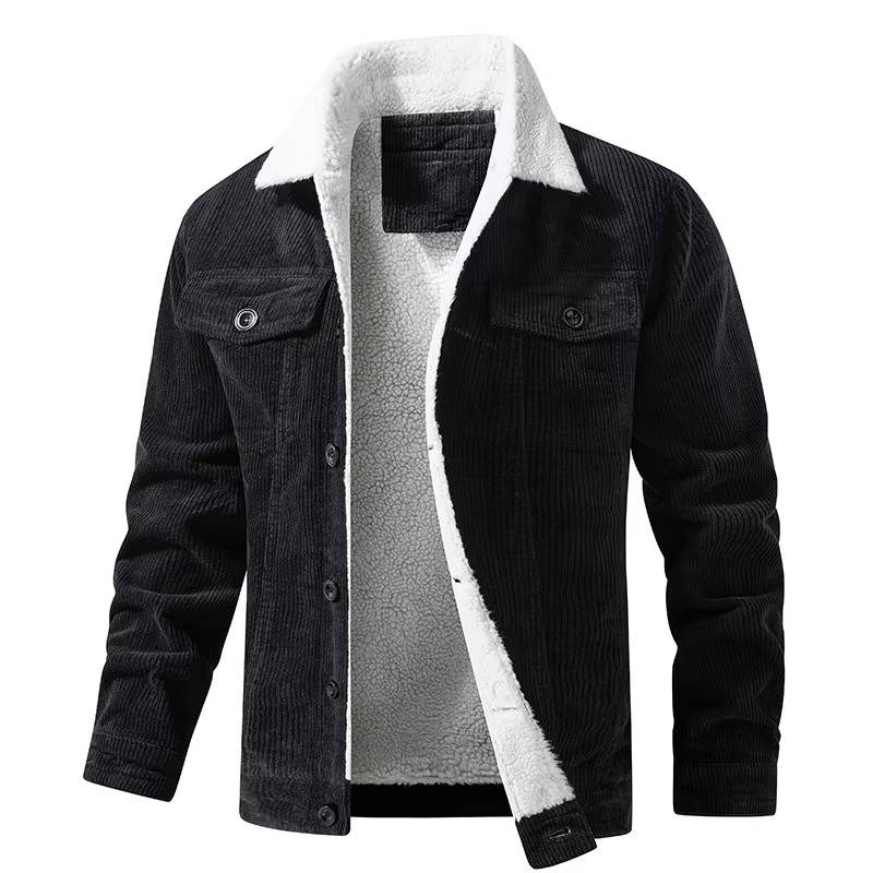 Men's brown corduroy sherpa jacket with plush fleece lining, relaxed fit, wind-resistant shell