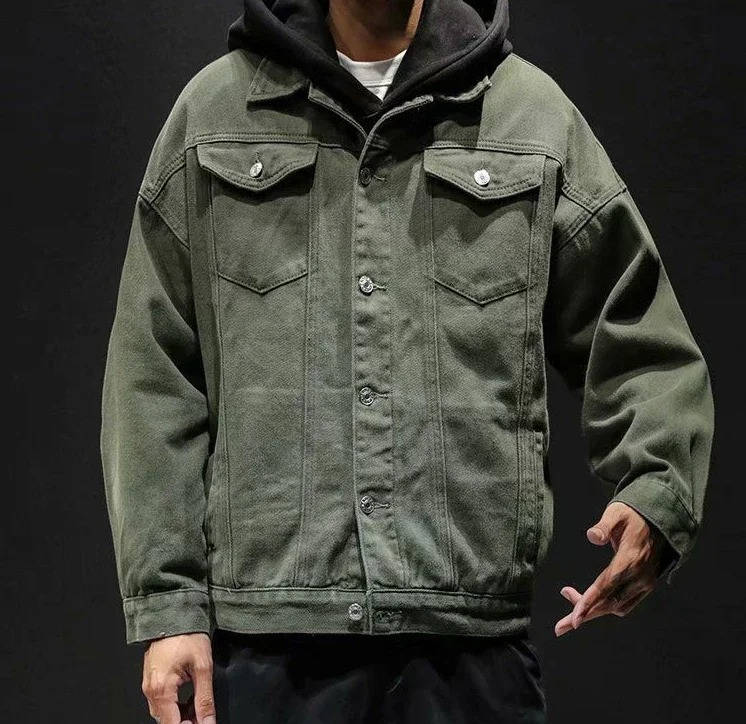Men's olive green denim jacket classic fit with front button closure and chest pockets