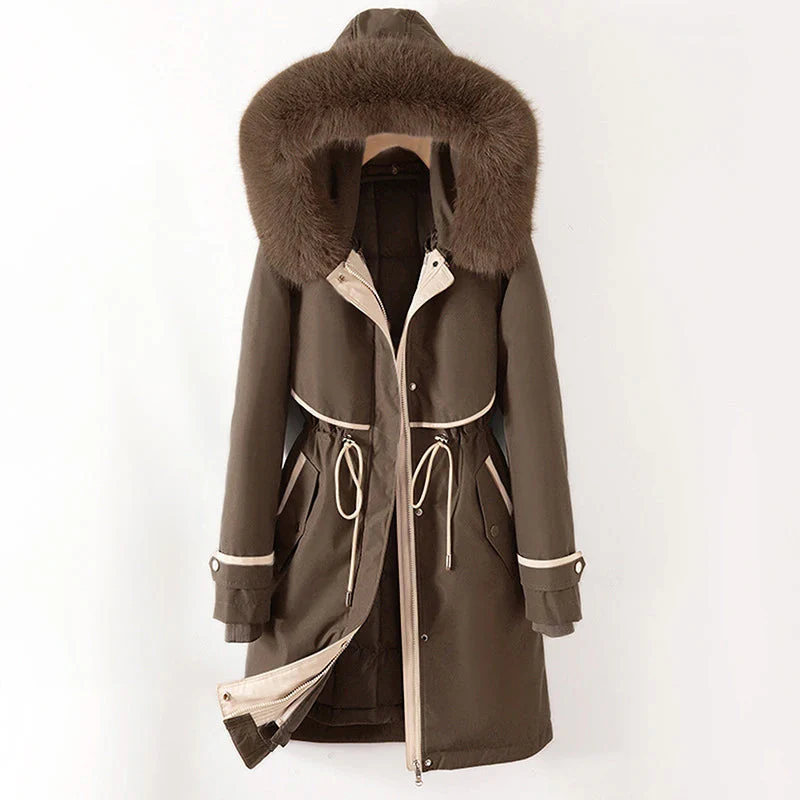 Women's winter parka jacket quilted lining fur trim hood adjustable waist zip closure