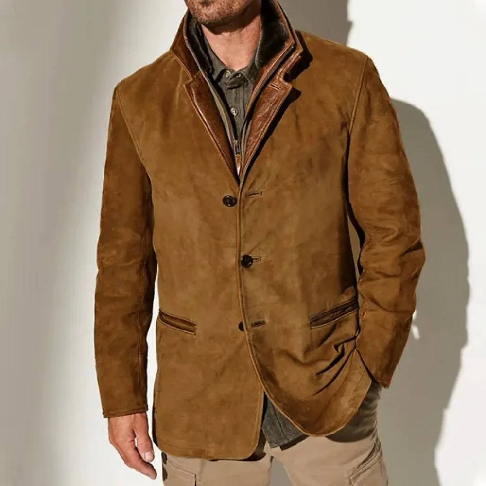Men's olive brown suede blazer tailored coat with leather trim and fur collar for office wear