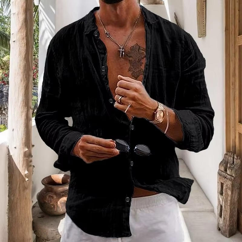 Men's natural beige linen long sleeve shirt, regular fit, lightweight breathable fabric for everyday wear