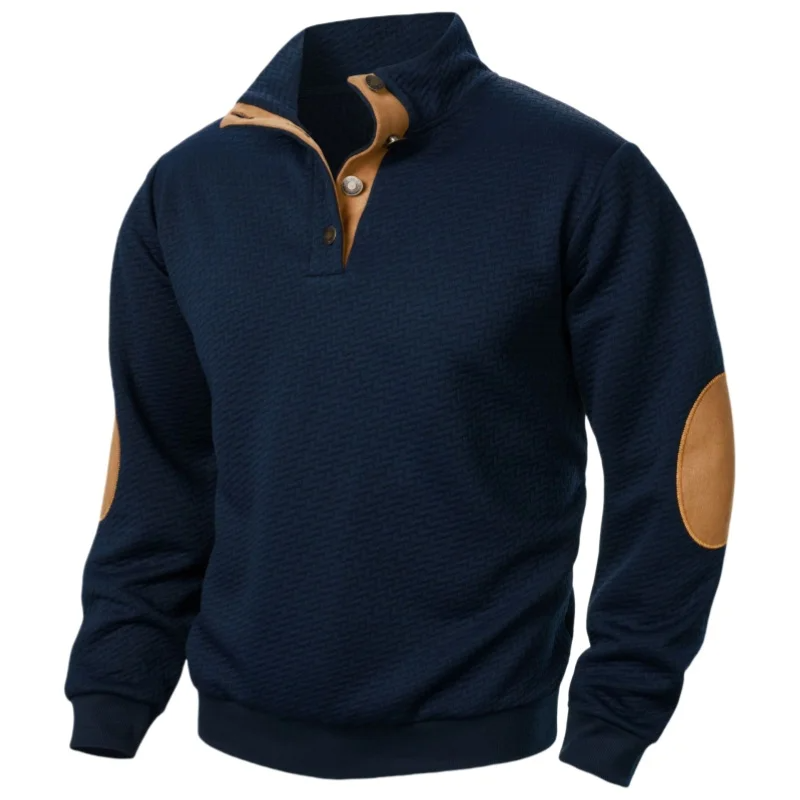 Men's casual sweatshirt relaxed fit textured knit fabric with elbow patches stand collar