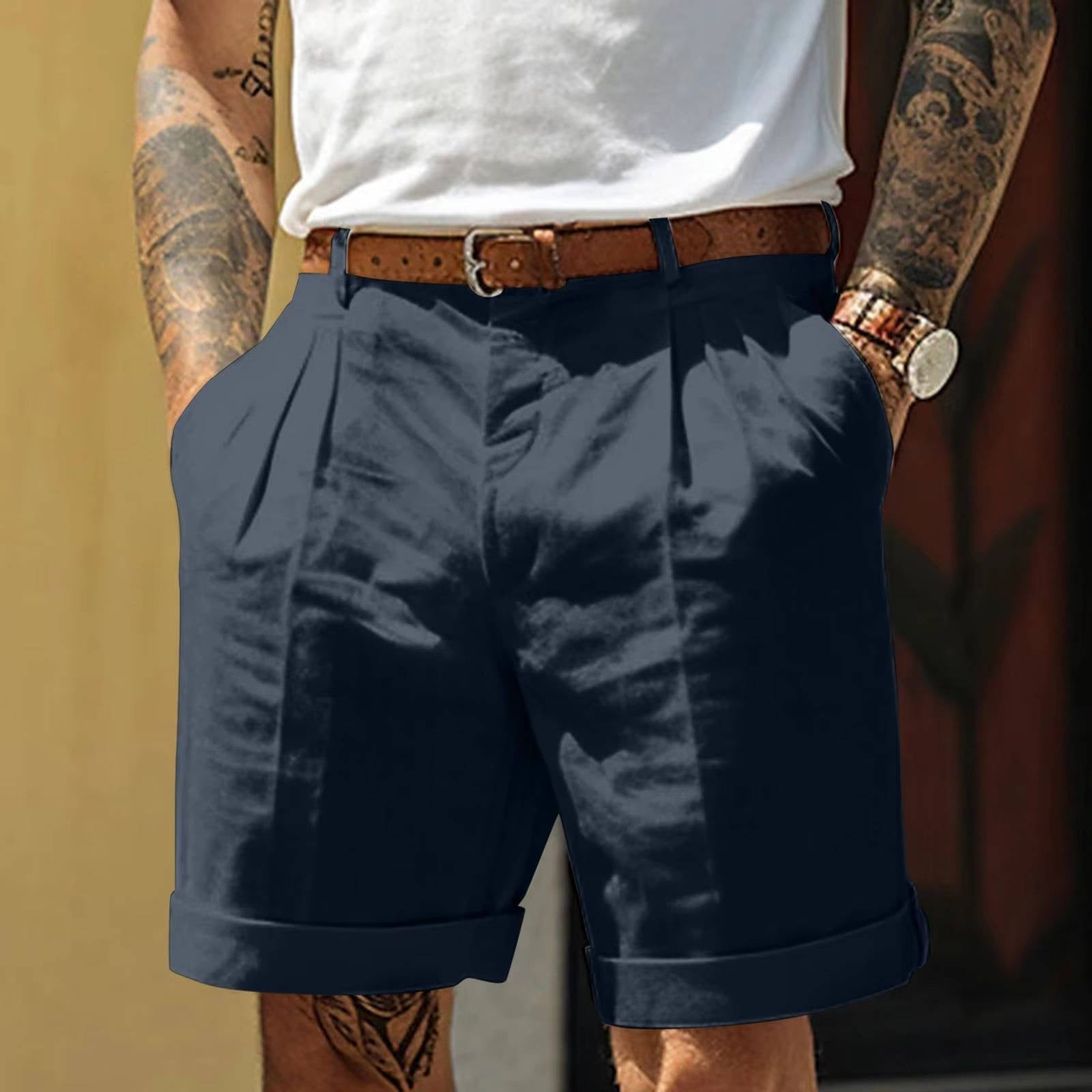 Men's white pleated cotton-linen shorts with cuffed hem, lightweight breathable blend for casual wear