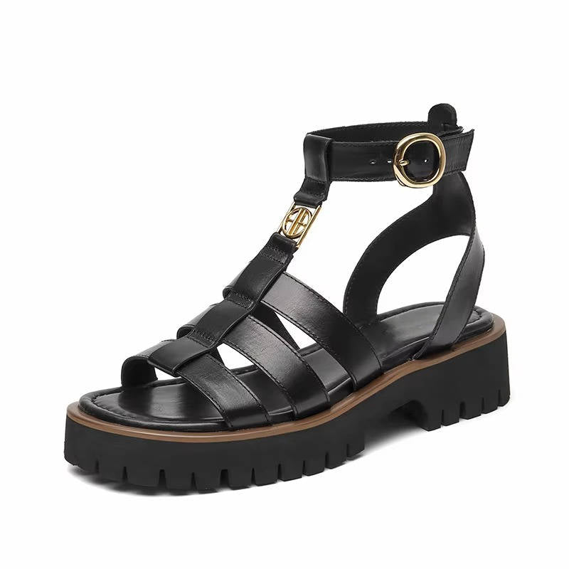 Women's brown gladiator sandals with buckled ankle strap, genuine leather upper, slip-resistant everyday comfort