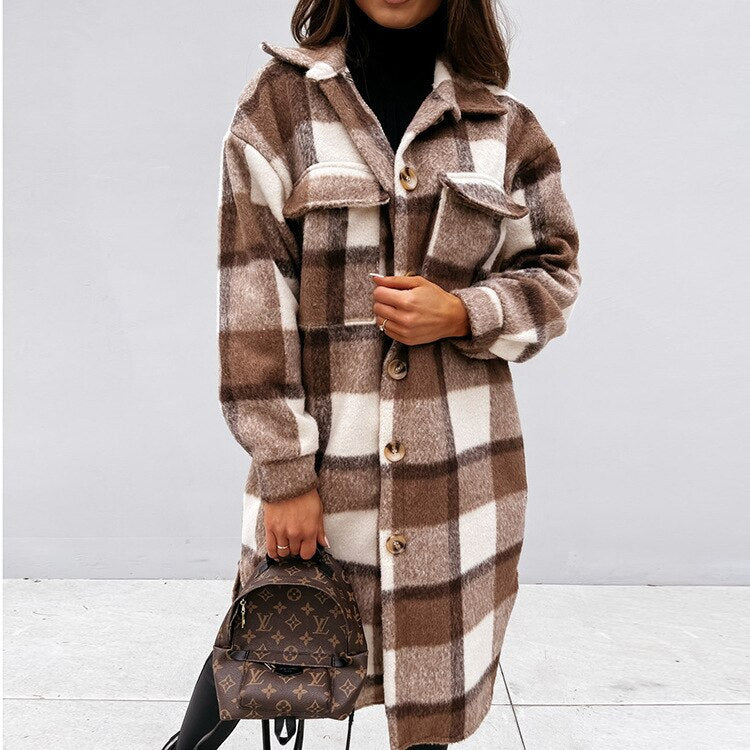 Women's long wool coat checked pattern classic button closure elegant longline silhouette