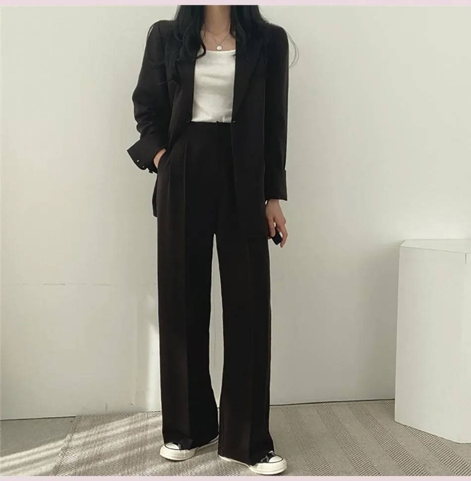 Women's casual pant suit set two-piece blazer wide-leg pants easy-care polished workwear style