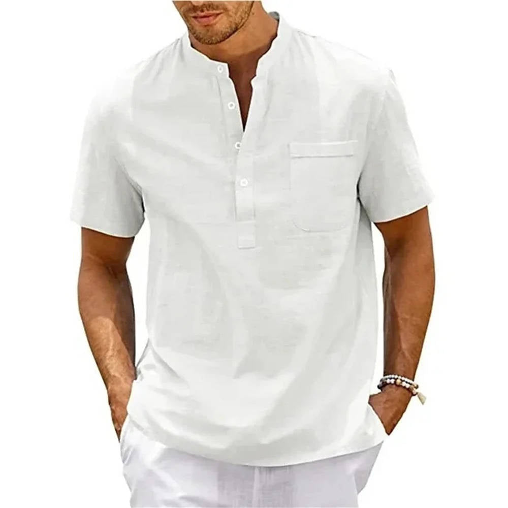 Beige men's linen Henley shirt relaxed fit short sleeves with chest pocket cotton-linen blend