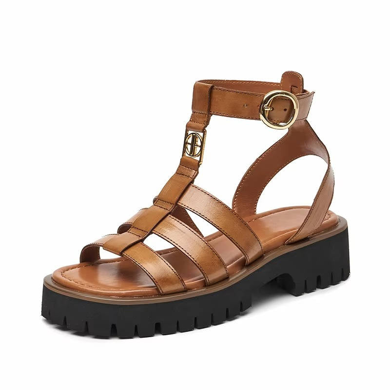 Women's gladiator sandals genuine leather buckled ankle strap slip-resistant everyday comfort sandals