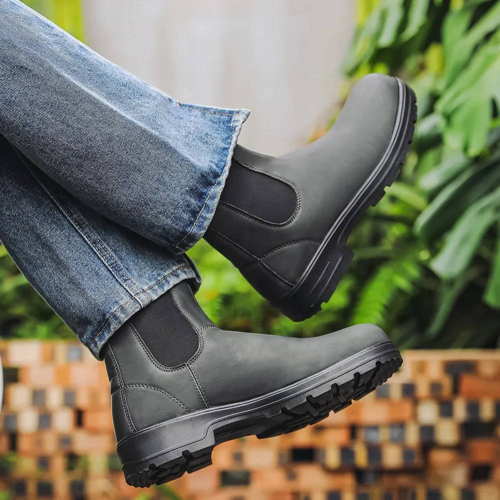 Men's black slip-on Chelsea boots with water-resistant leather upper and rugged lug sole