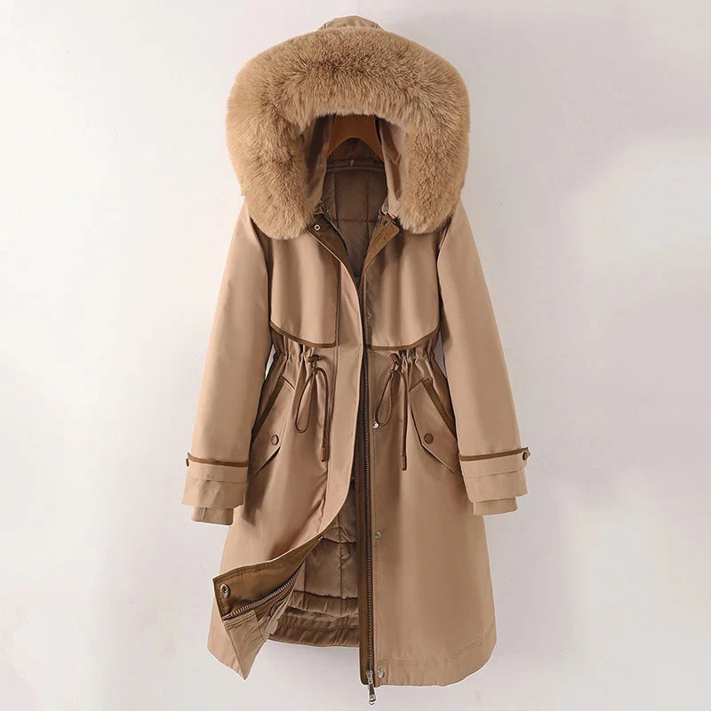 Women's winter parka jacket quilted lining fur trim hood adjustable waist zip closure warm coat