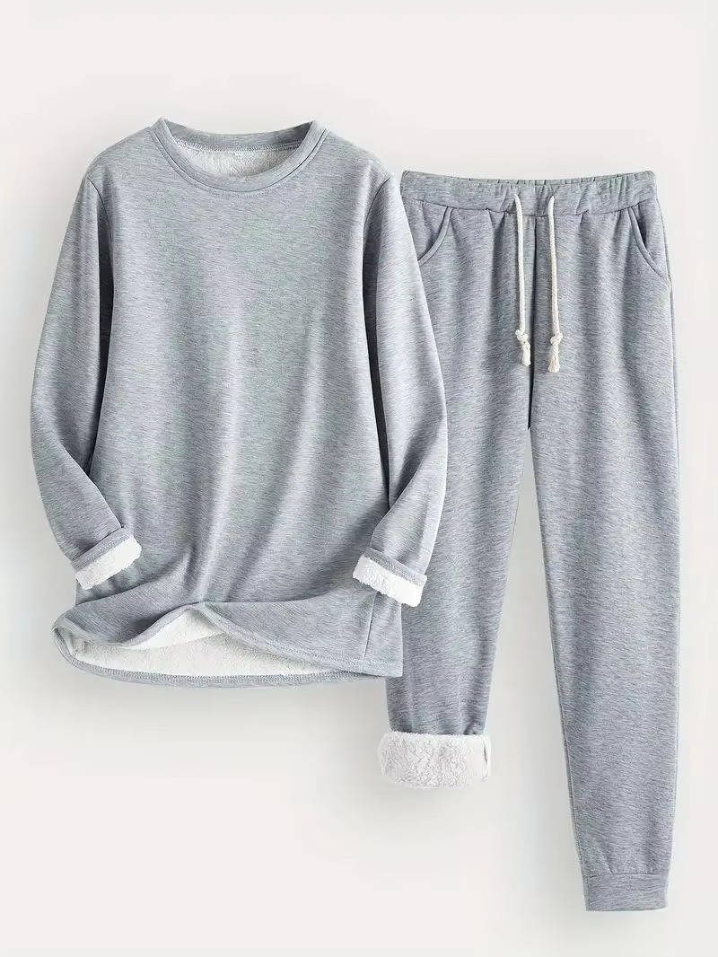 Women's fleece-lined sweatsuit set cozy two-piece relaxed fit with soft brushed fuzzy lining