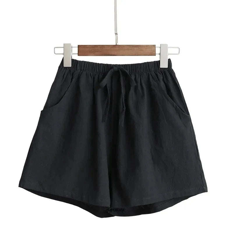 Plus size high-waisted linen shorts in neutral tones, vintage-inspired beach style with breathable cotton blend