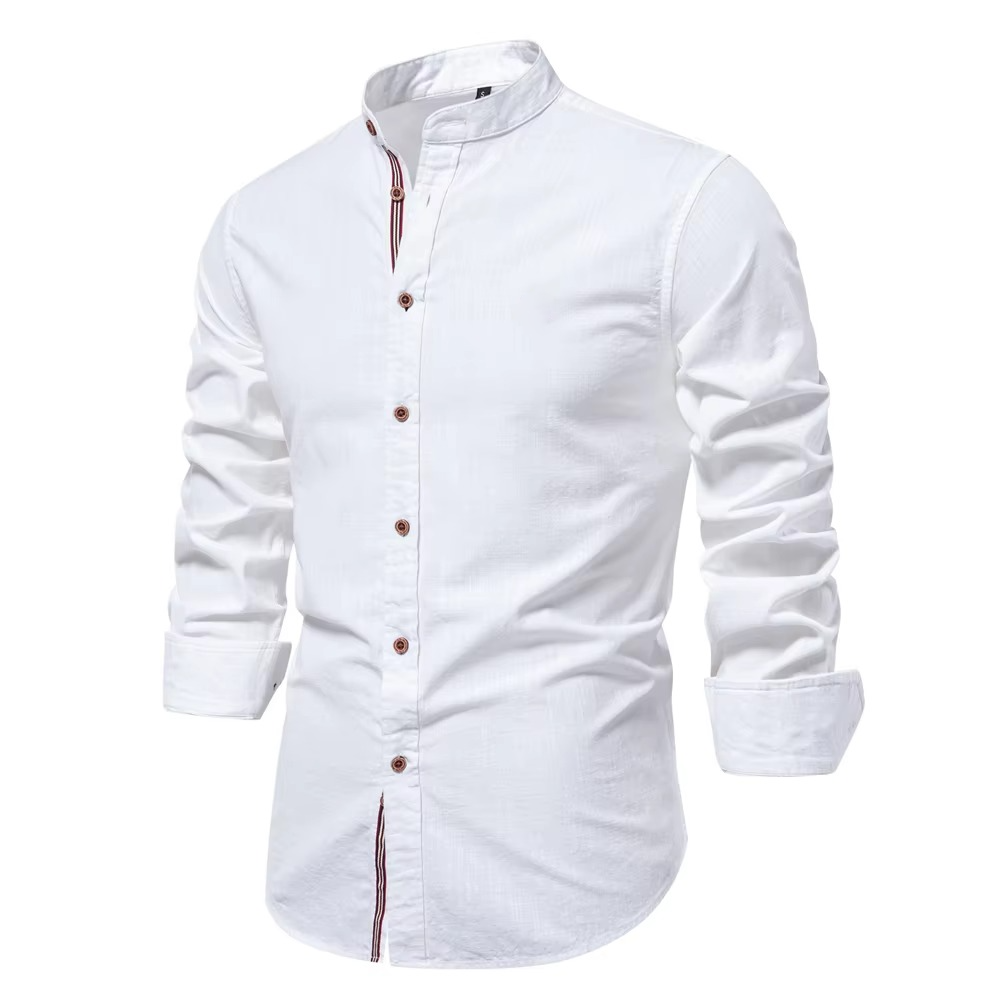 Men's slim fit mandarin collar button-down shirt, breathable cotton-linen blend, clean modern style