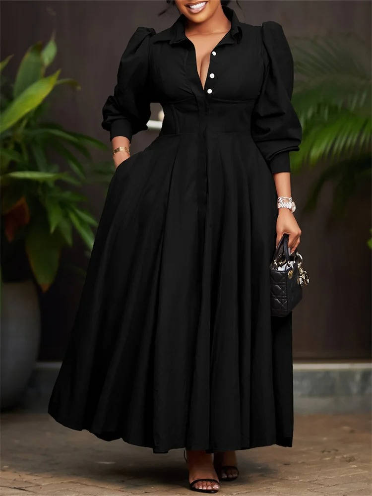 Women casual button-front maxi dress long sleeve high waist A-line silhouette versatile everyday style