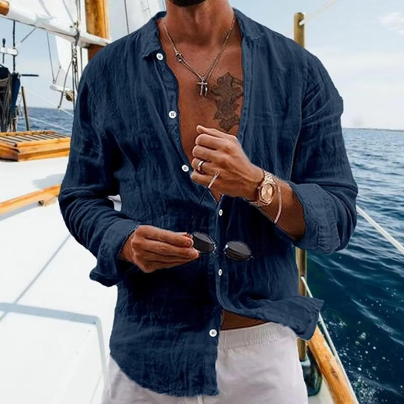 Men's natural beige linen long sleeve shirt, regular fit, lightweight breathable fabric for everyday wear