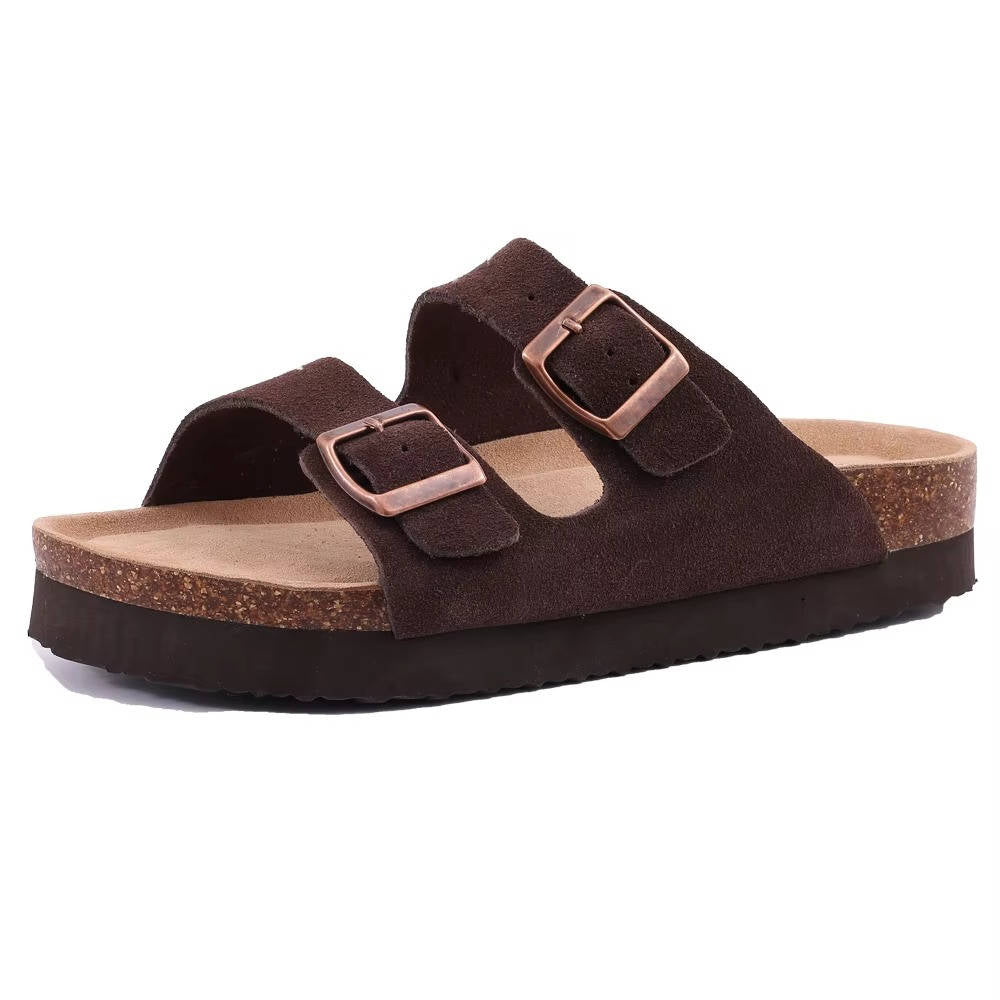 Neutral cork footbed sandals with double buckle straps, ergonomic arch support, unisex style