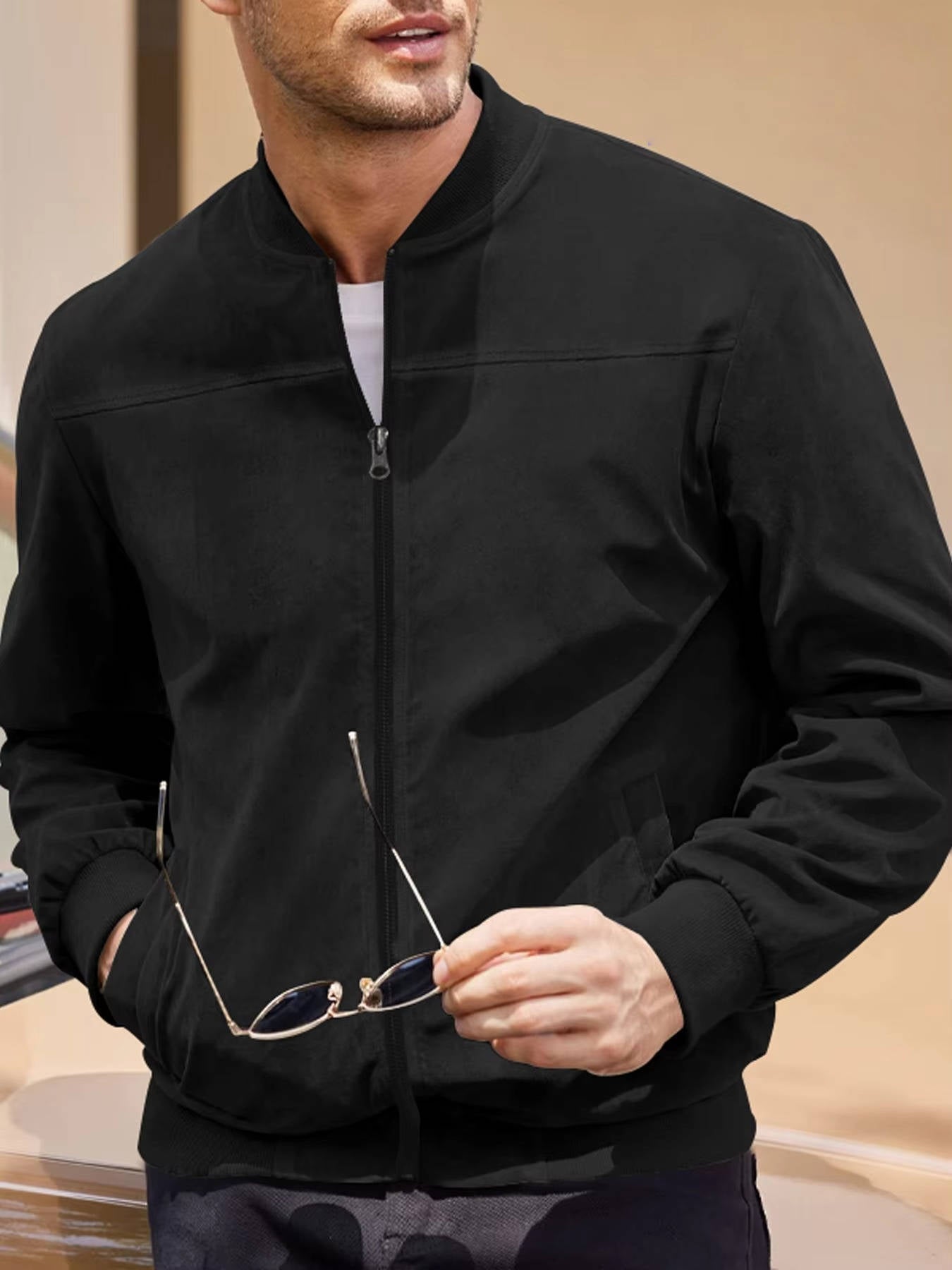 Men's light brown suede bomber jacket windproof lightweight slim-fit all-season style