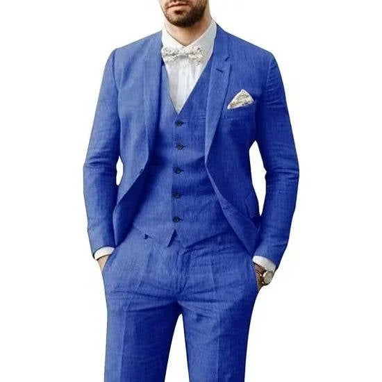 Men light blue linen three-piece suit with vest, breathable slim-fit design for summer weddings