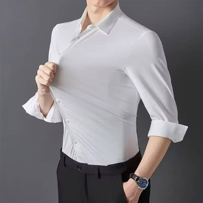 Men's wrinkle-free stretch dress shirt in classic white, slim professional cut with four-way flex fabric