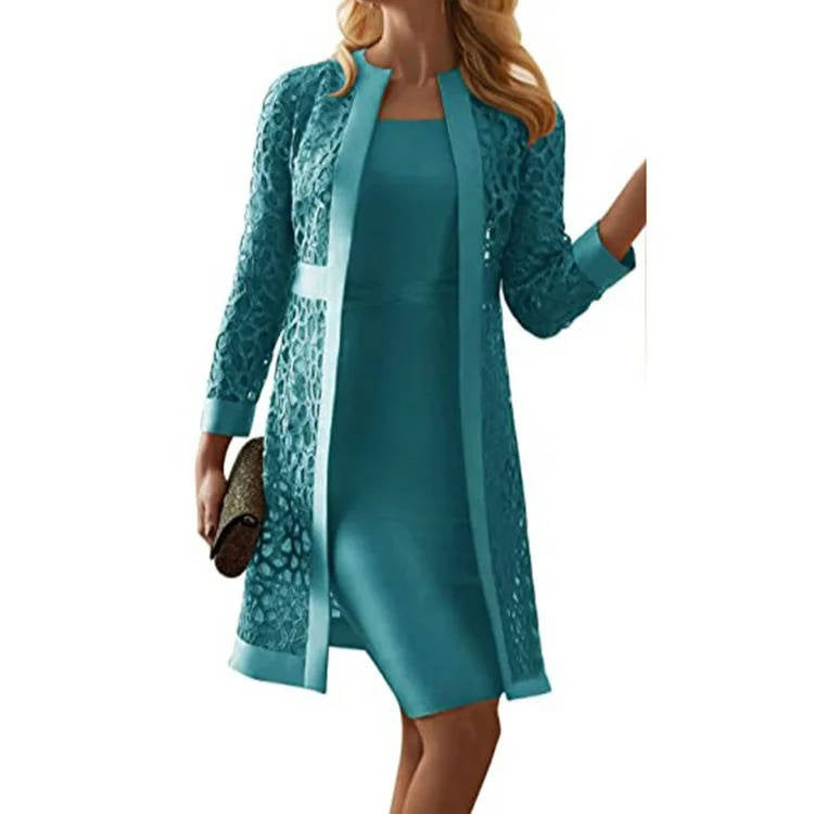 Elegant knee-length sheath mother of bride dress with floral lace jacket two-piece set