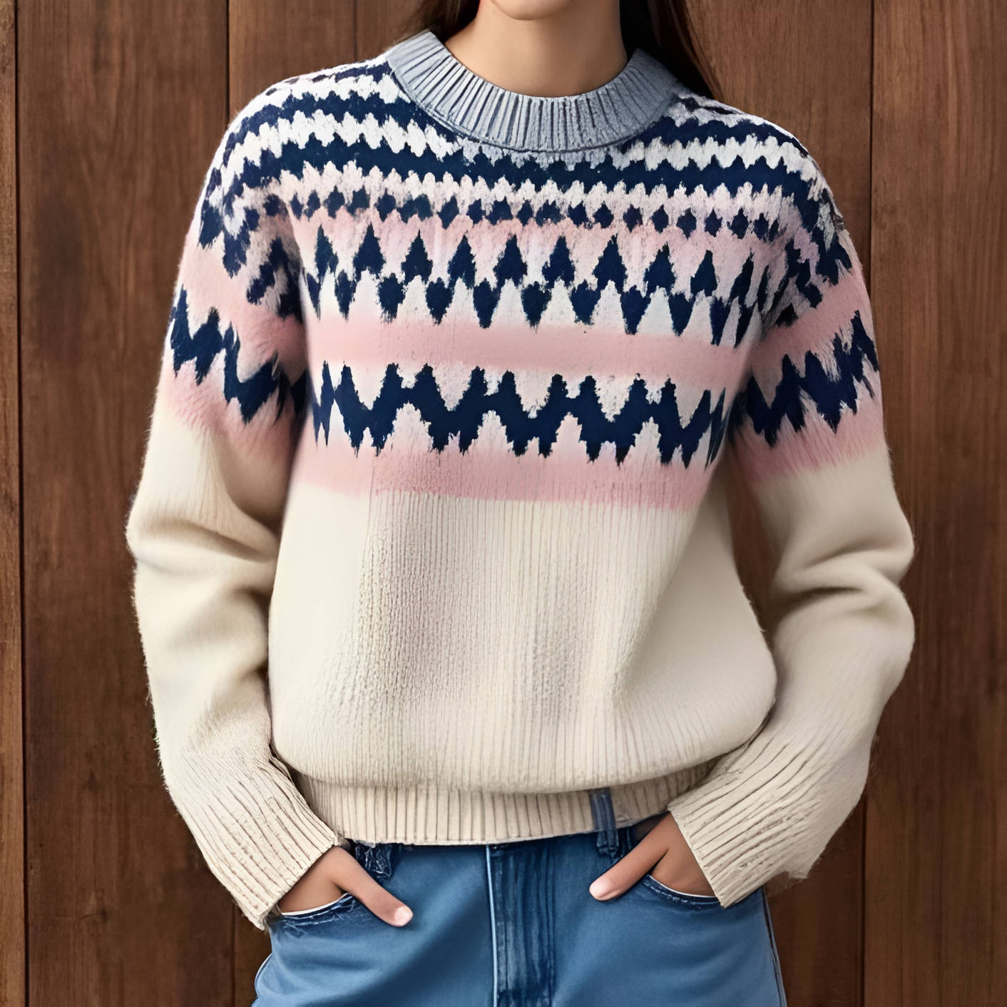 Women's cozy Fair Isle sweater in multicolor geometric knit pattern with relaxed everyday fit