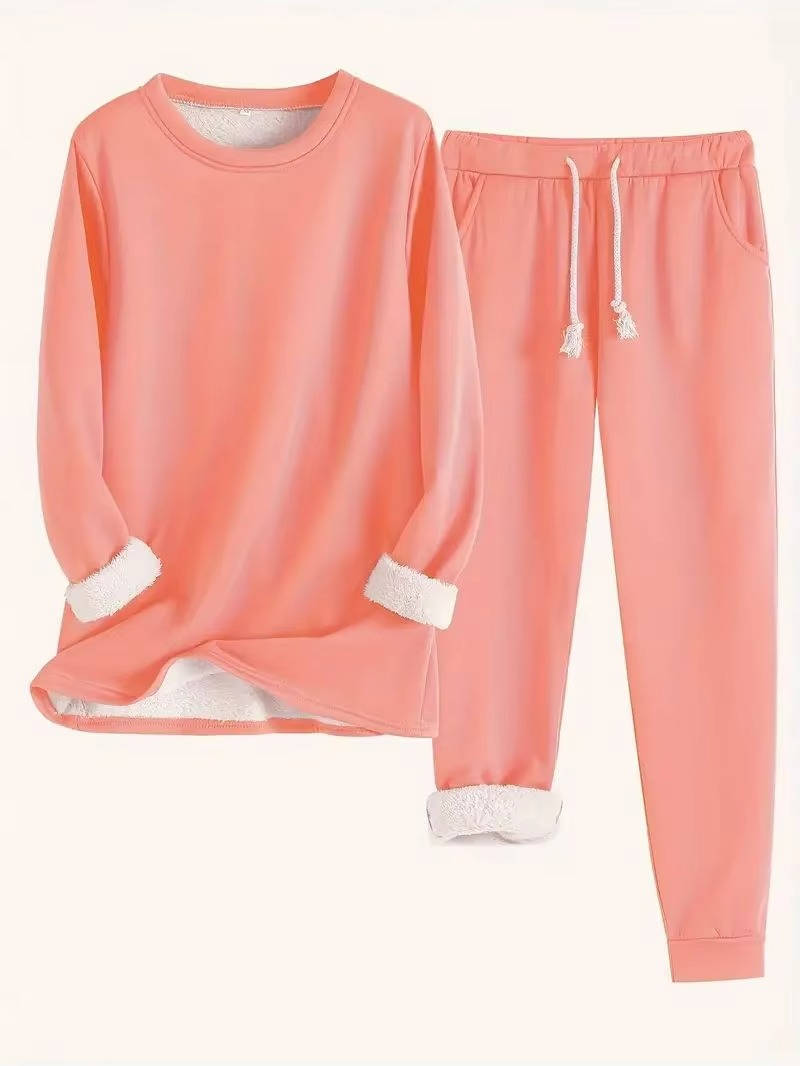Women's fleece lined sweatsuit set cozy two-piece relaxed fit with soft brushed fuzzy lining