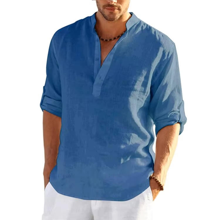 Men's linen Henley shirt rolled sleeves lightweight breathable casual summer style neutral tone