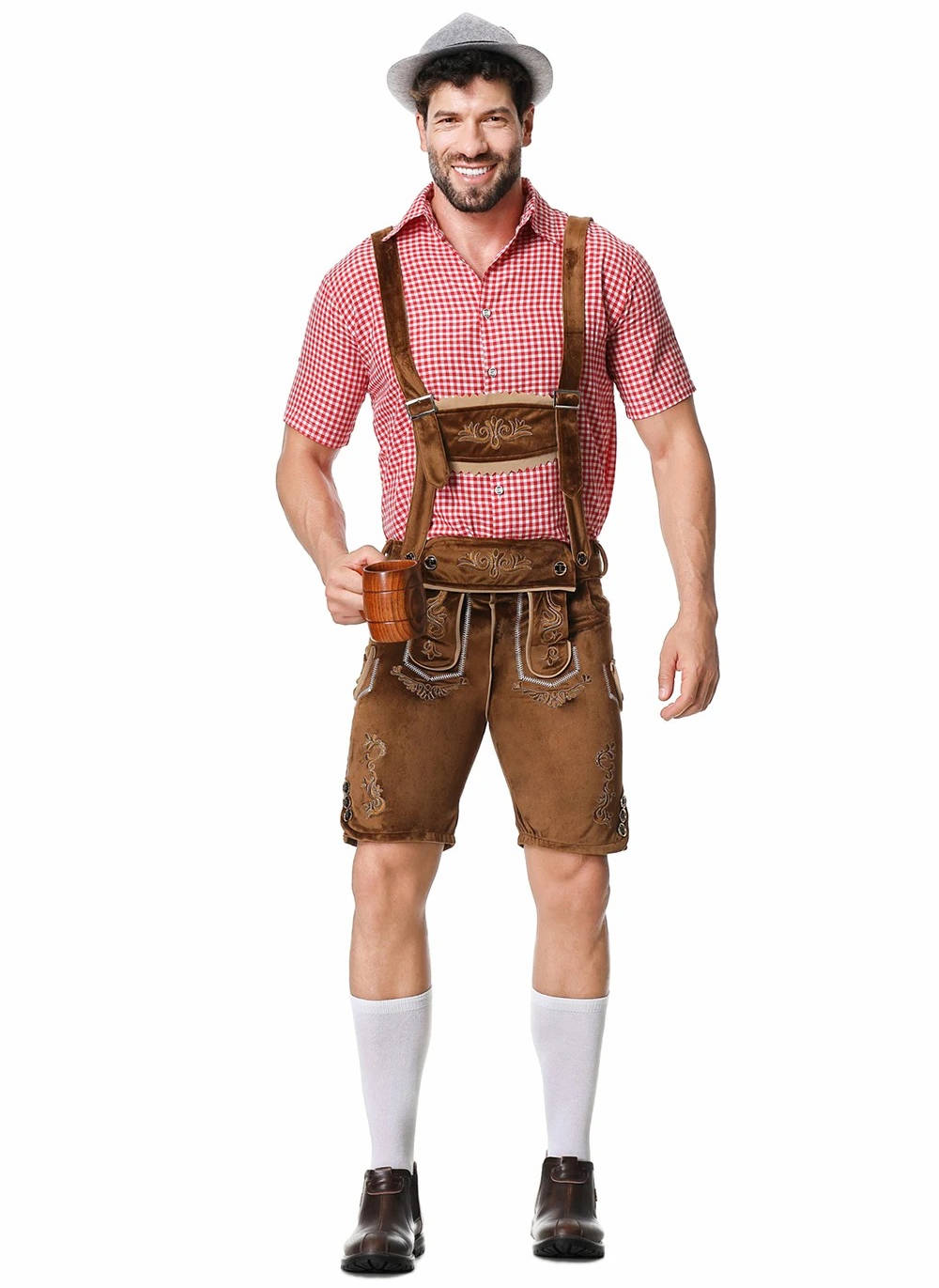 Brown leather Bavarian Oktoberfest lederhosen shorts with embroidered suspenders, full traditional costume set