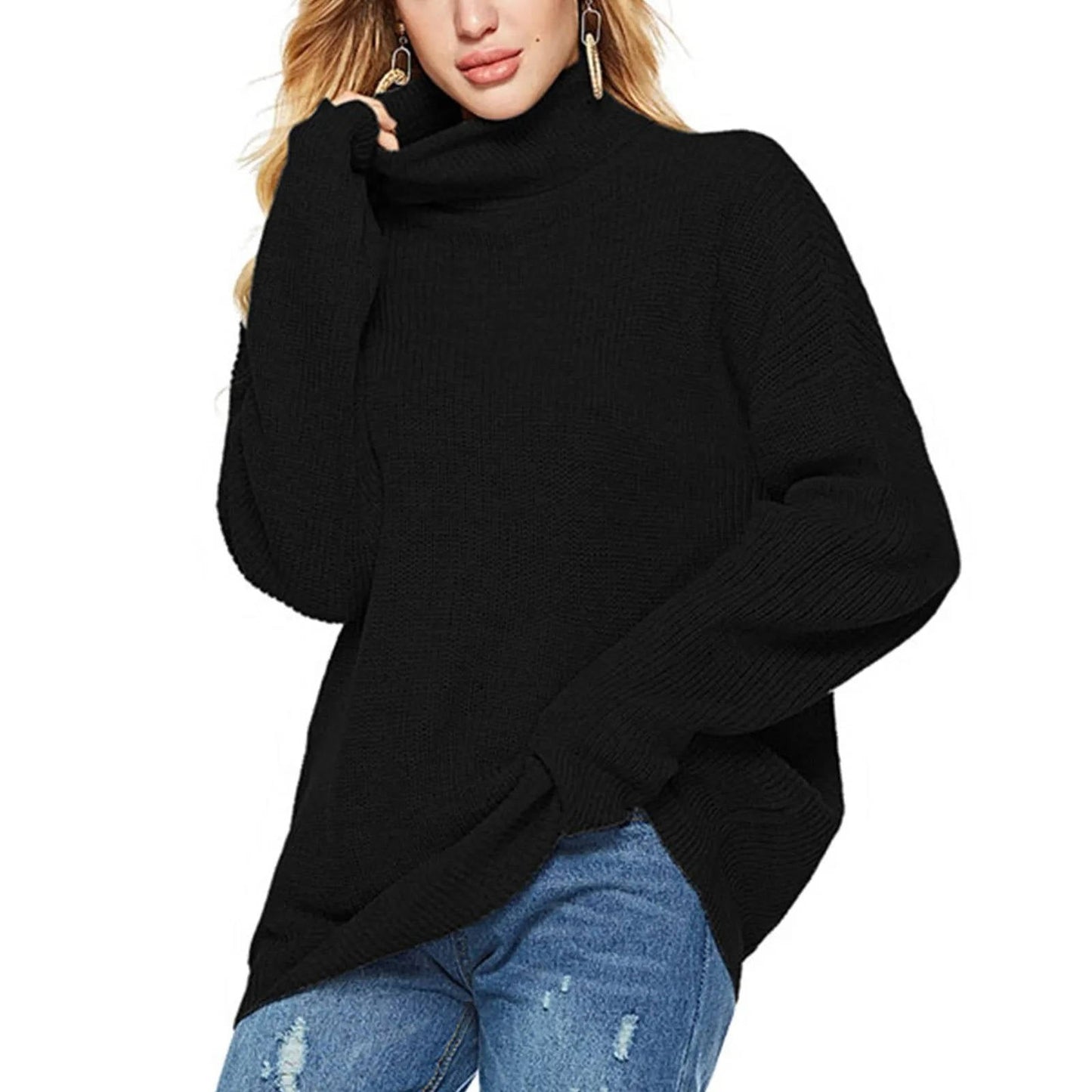 Women's striped turtleneck sweater oversized relaxed fit, cozy high-neck work style pullover