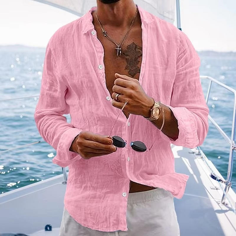 Men's natural beige linen long sleeve shirt, regular fit, lightweight breathable fabric for everyday wear