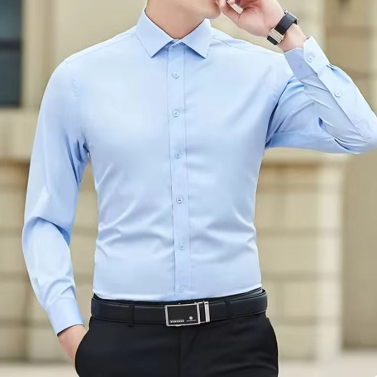 Men's long sleeve pocketless dress shirt wrinkle-resistant stretch blend professional slim fit