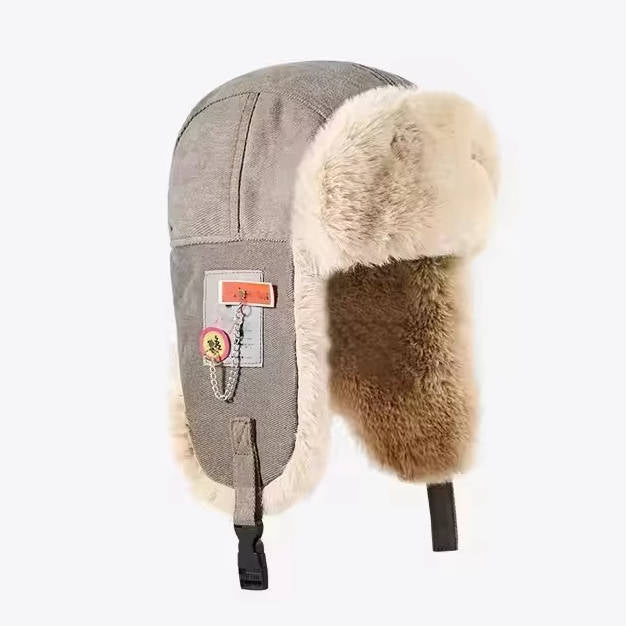 Fur-lined wool trapper hat with ear flaps, winter outdoor style in neutral tones