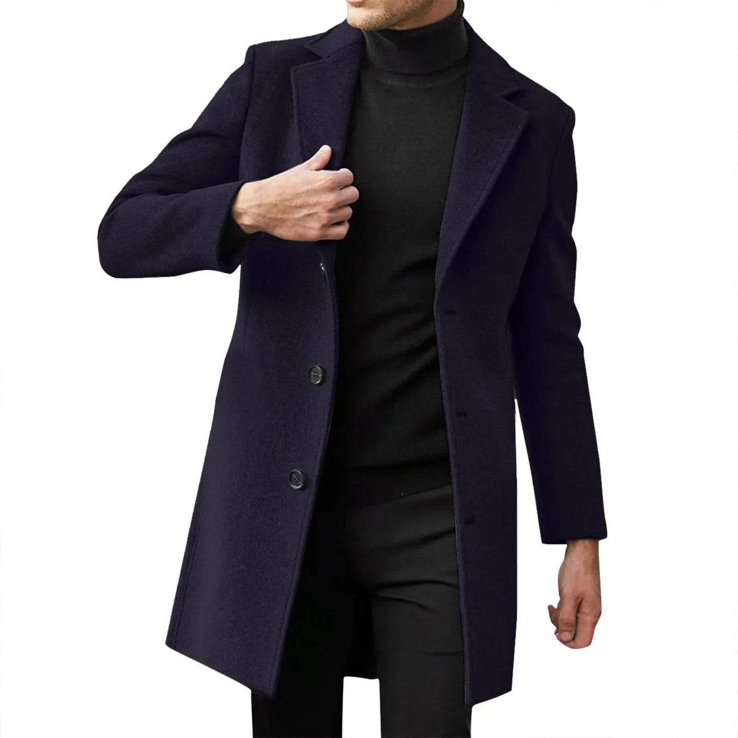 Men's slim fit longline wool overcoat in classic business style with notched lapel collar