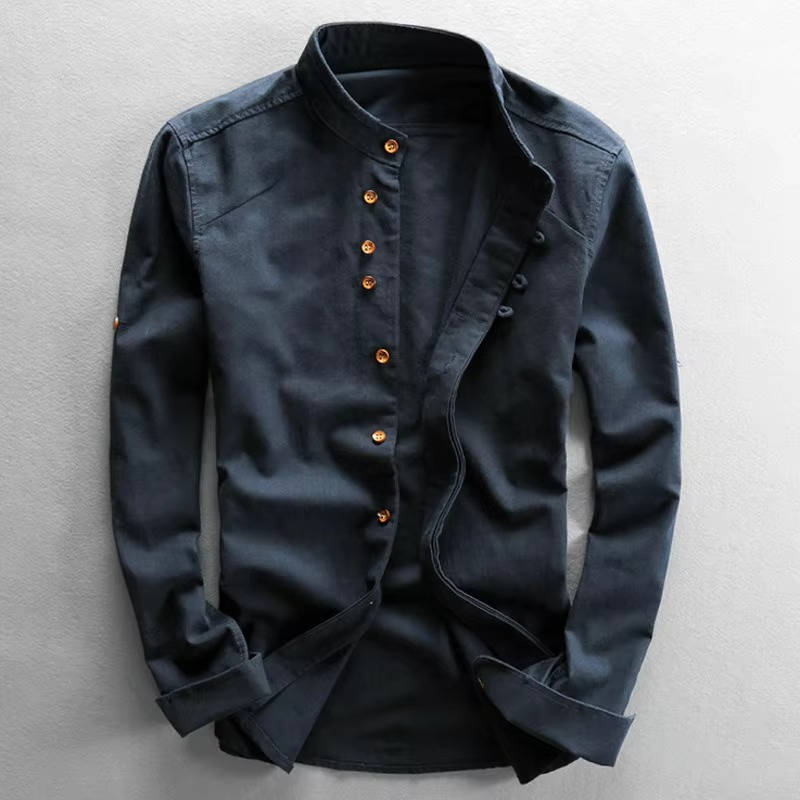 Men's white Japanese-style linen cotton blend shirt, relaxed straight cut with mandarin collar