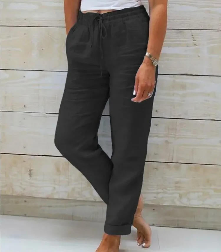 Women's breathable linen pants with elastic high-rise waist, relaxed wide-leg cut in neutral tone