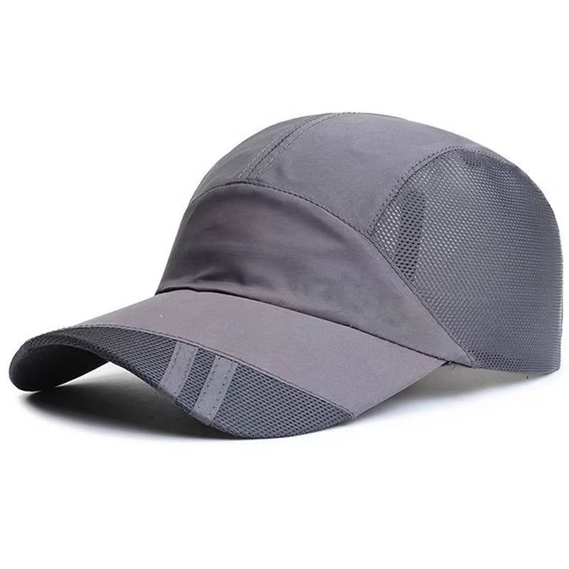 Men's black adjustable sports cap with breathable mesh panels and metal buckle for outdoor activity