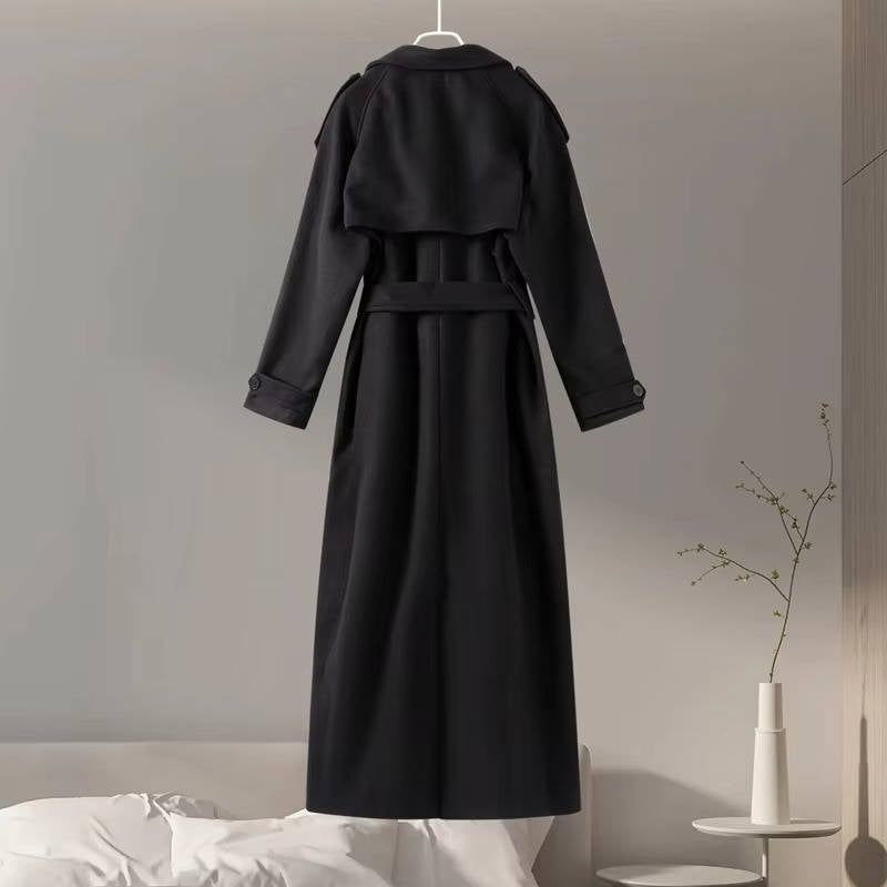 Women oversized long trench coat wool-polyester blend timeless silhouette office-ready professional outerwear