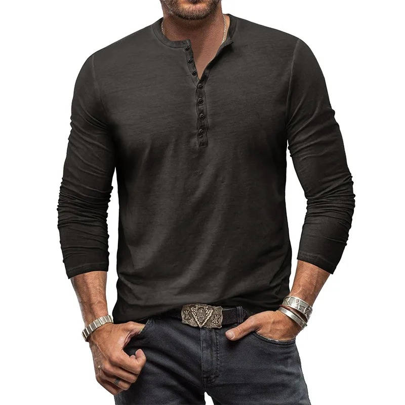 Men's navy blue long sleeve Henley shirt in breathable 100% cotton stretch for casual everyday wear