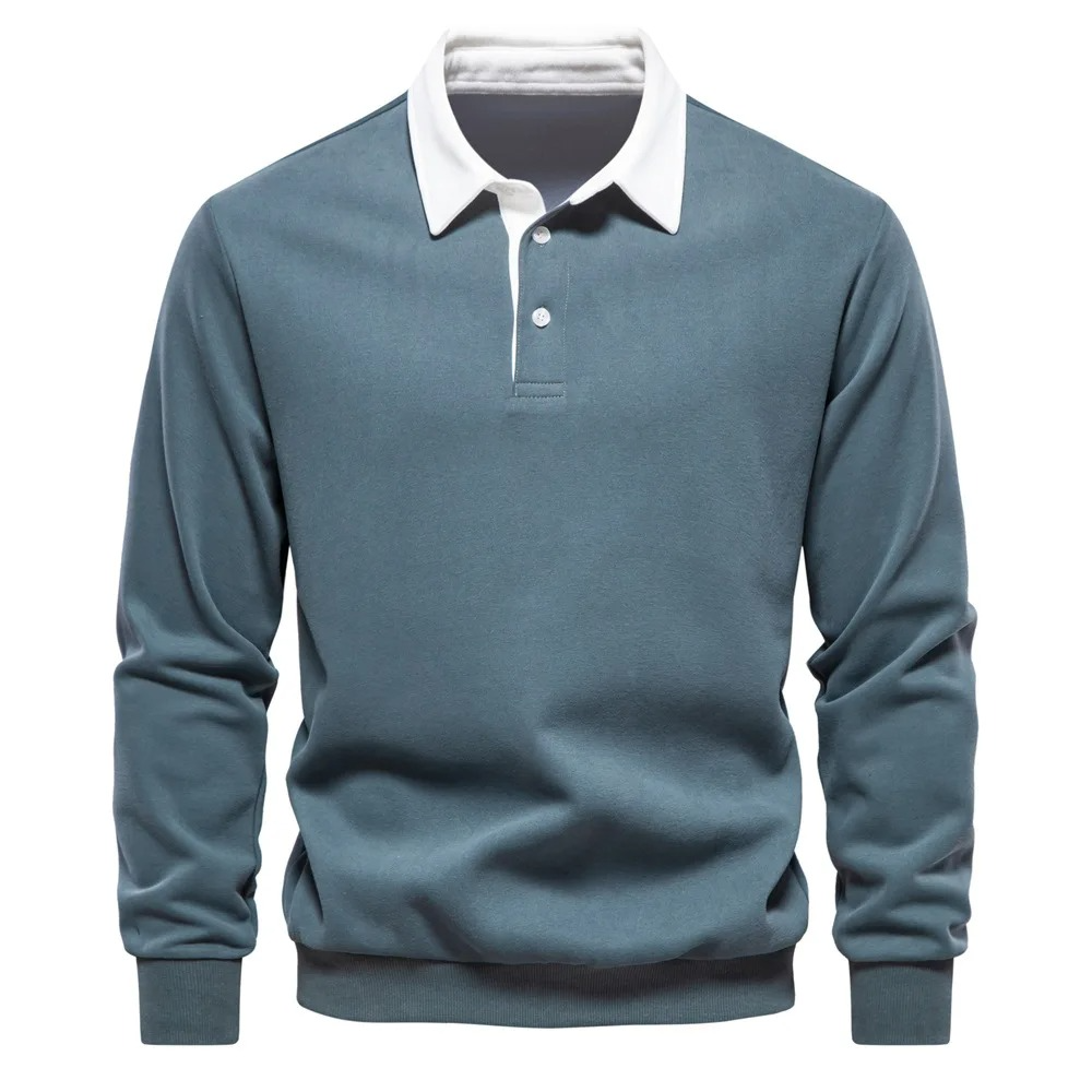 Men's navy long sleeve polo shirt cotton blend relaxed fit breathable everyday comfort style