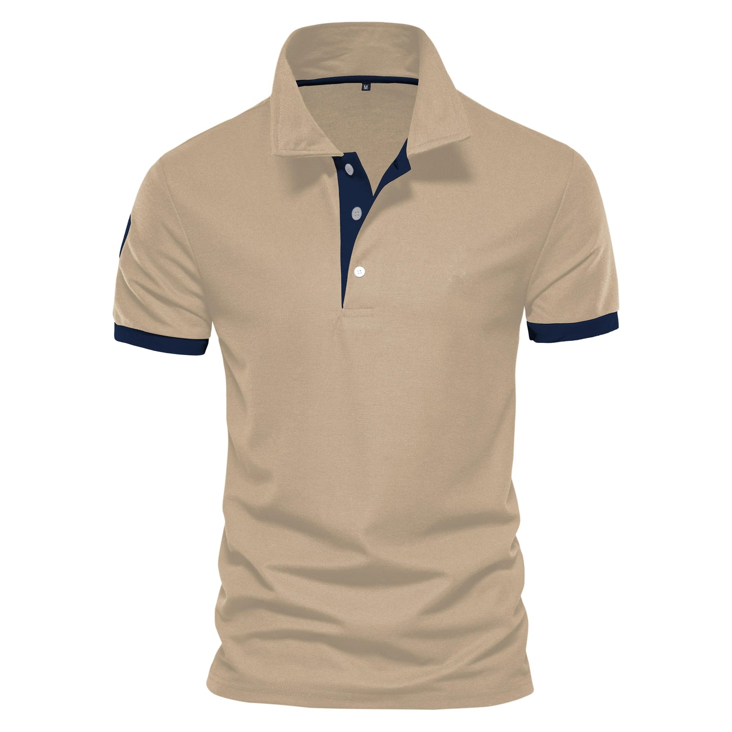 Men's navy slim fit polo shirt with contrast orange placket and cuffs, smart casual style