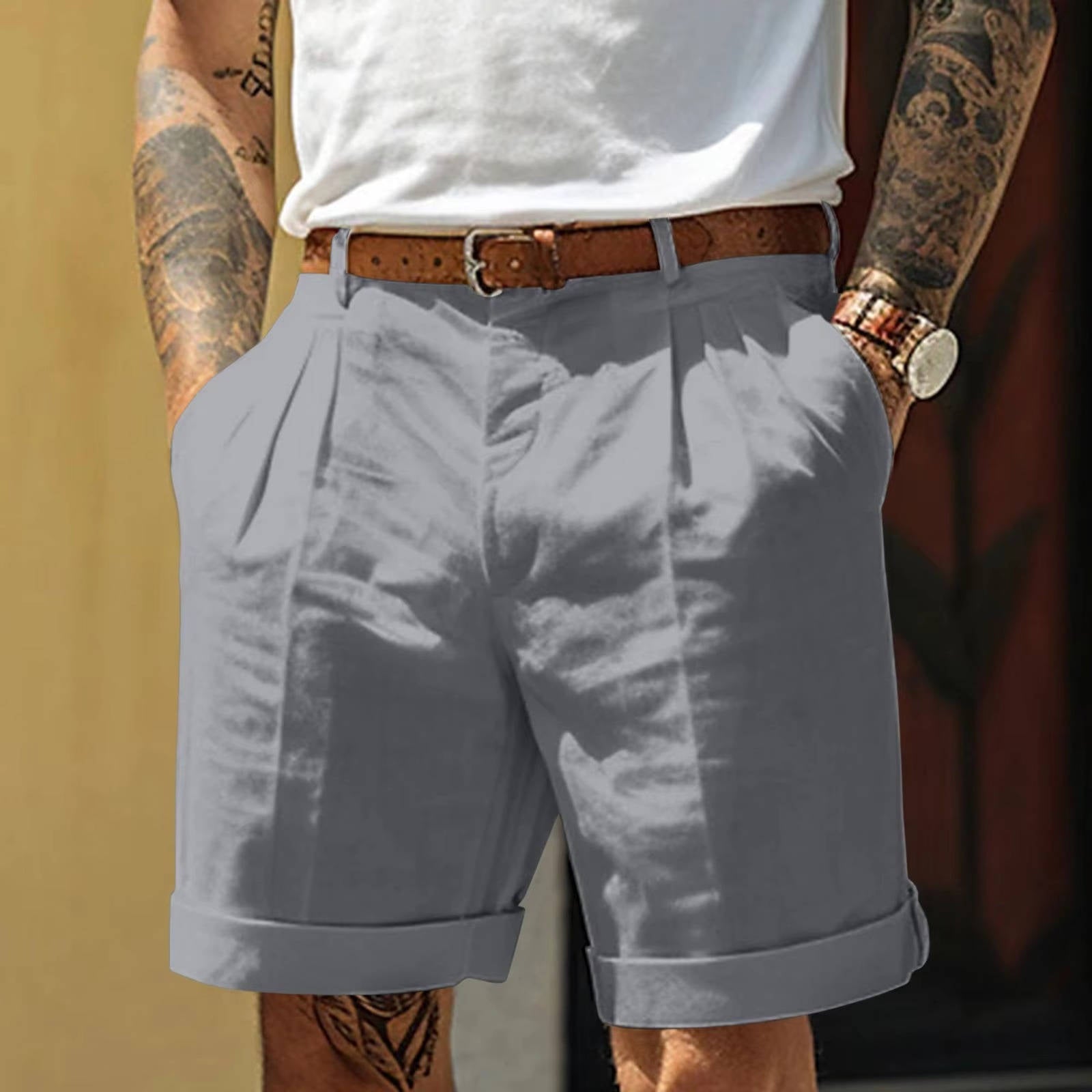 Men's white pleated cotton-linen blend shorts with cuffed hem, lightweight everyday casual style