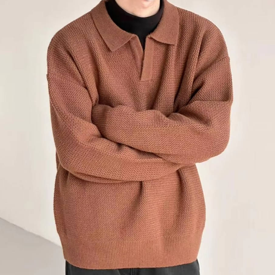 Men's long sleeve knit polo sweater relaxed oversized fit smart casual midweight versatile everyday wear