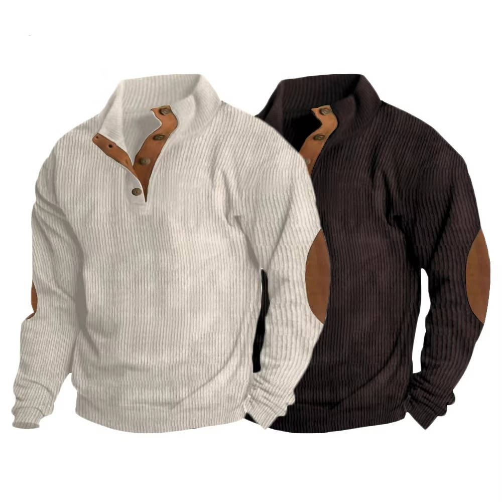 Men's gray button neck pullover sweater classic knit elbow patches heritage-inspired modern slim fit