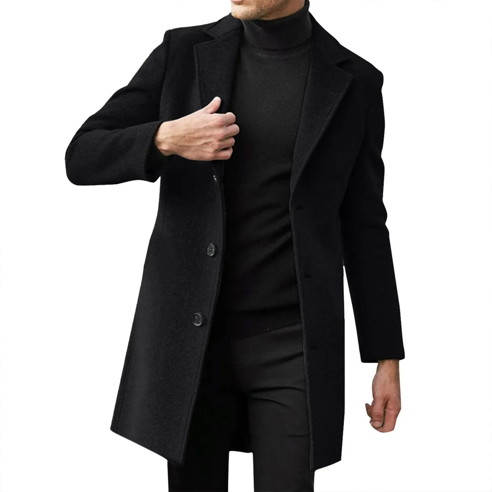 Men's slim fit longline wool overcoat in classic business style with notched lapel collar