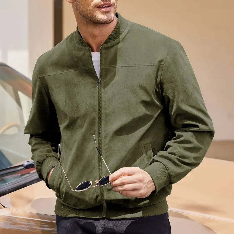 Men's lightweight faux suede bomber jacket tailored silhouette versatile everyday casual wear