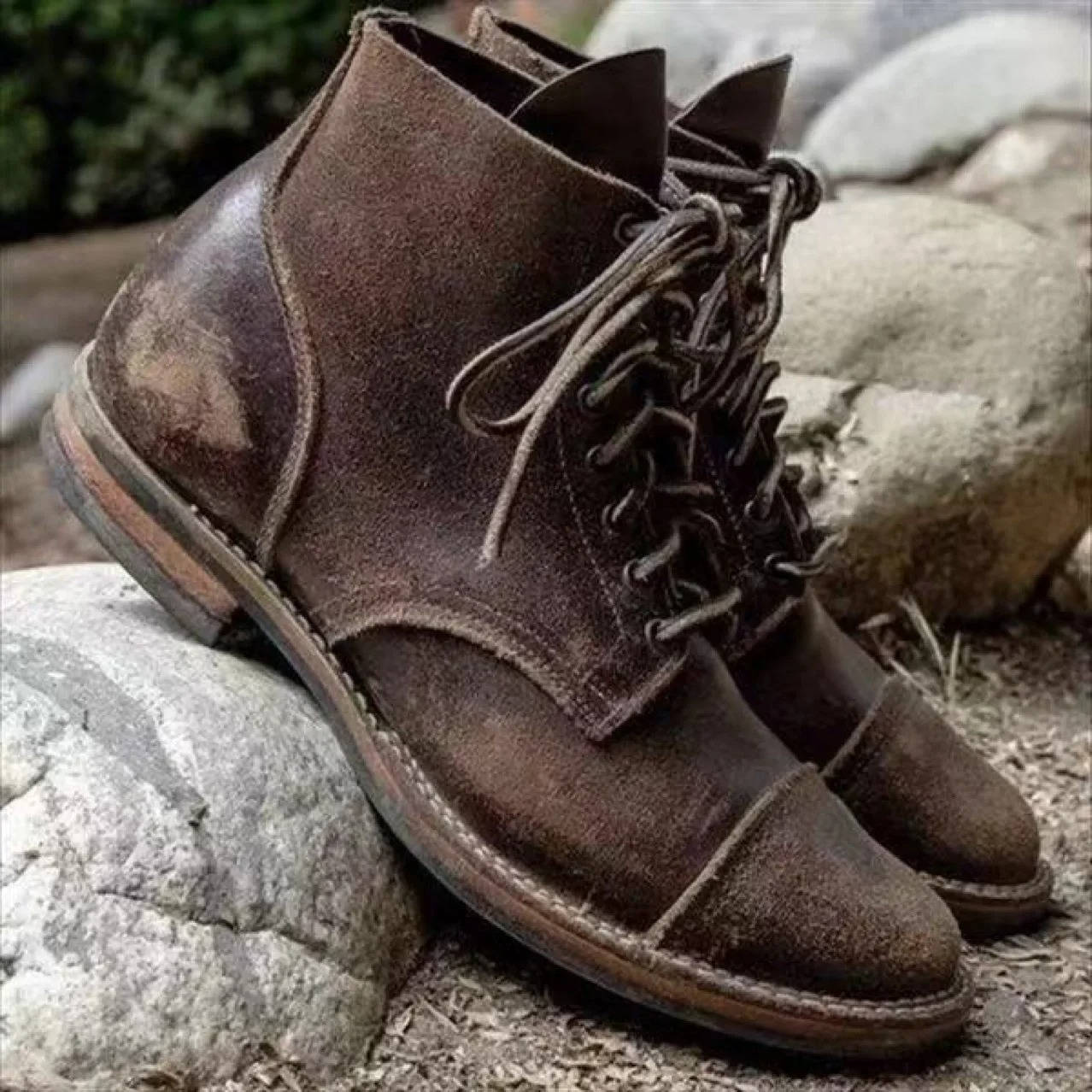 Men's brown vintage brogue lace-up boots premium PU leather with decorative perforations for work