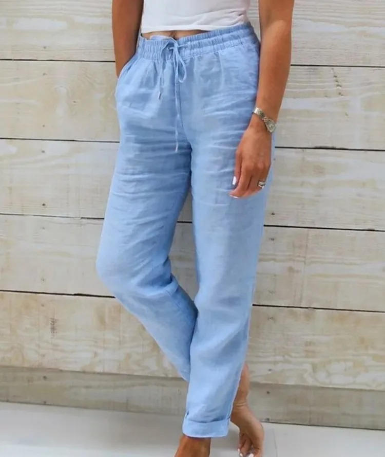 Women's beige linen pants elastic high-waist relaxed fit breathable cotton-linen blend warm weather