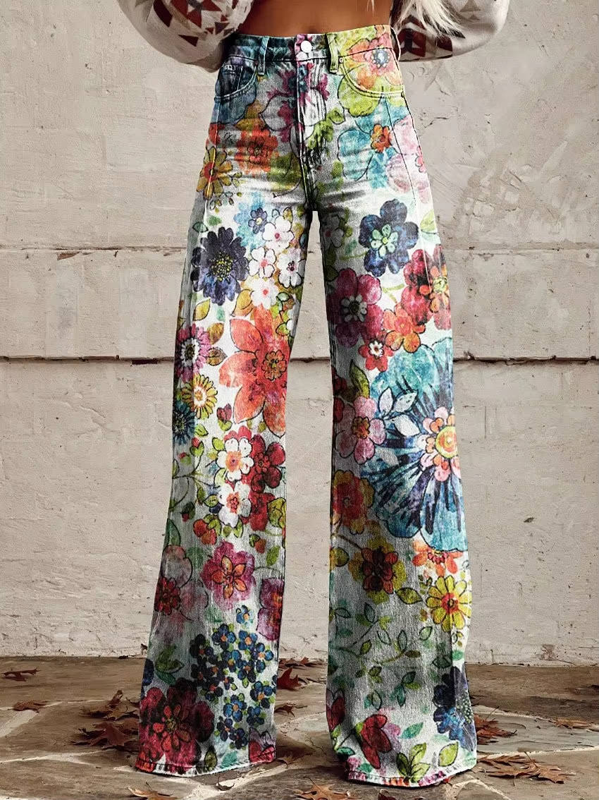 Women's high-waisted floral bell-bottom pants vintage-inspired wide-leg silhouette bold print
