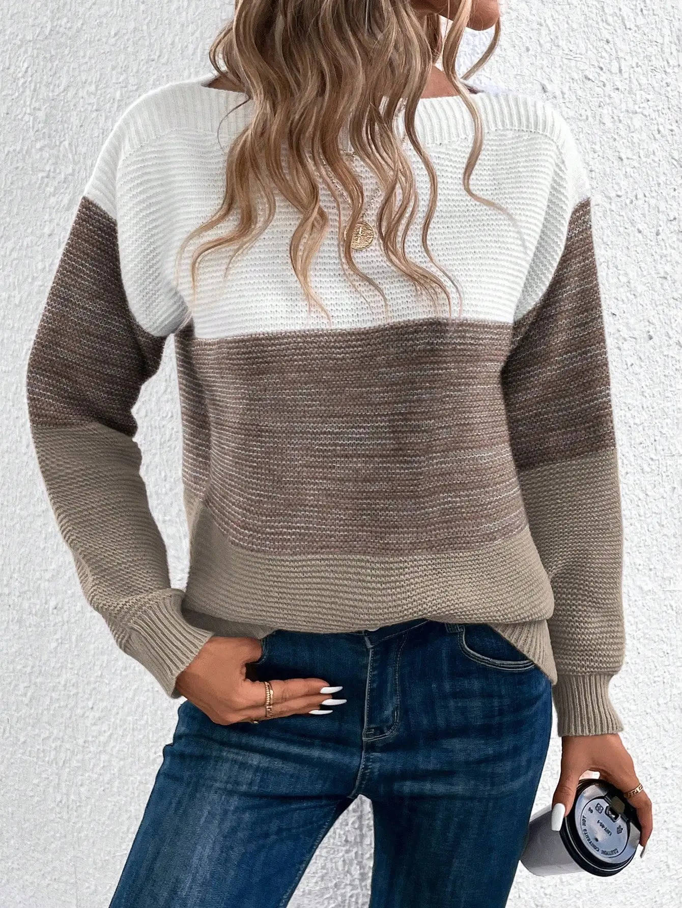 Women's loose color block knit sweater slash off-shoulder neck cozy casual three-tone relaxed fit